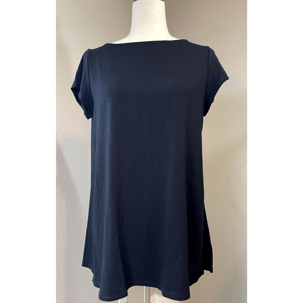 Eileen Fisher womens long short sleeve high quality black versatile top PL